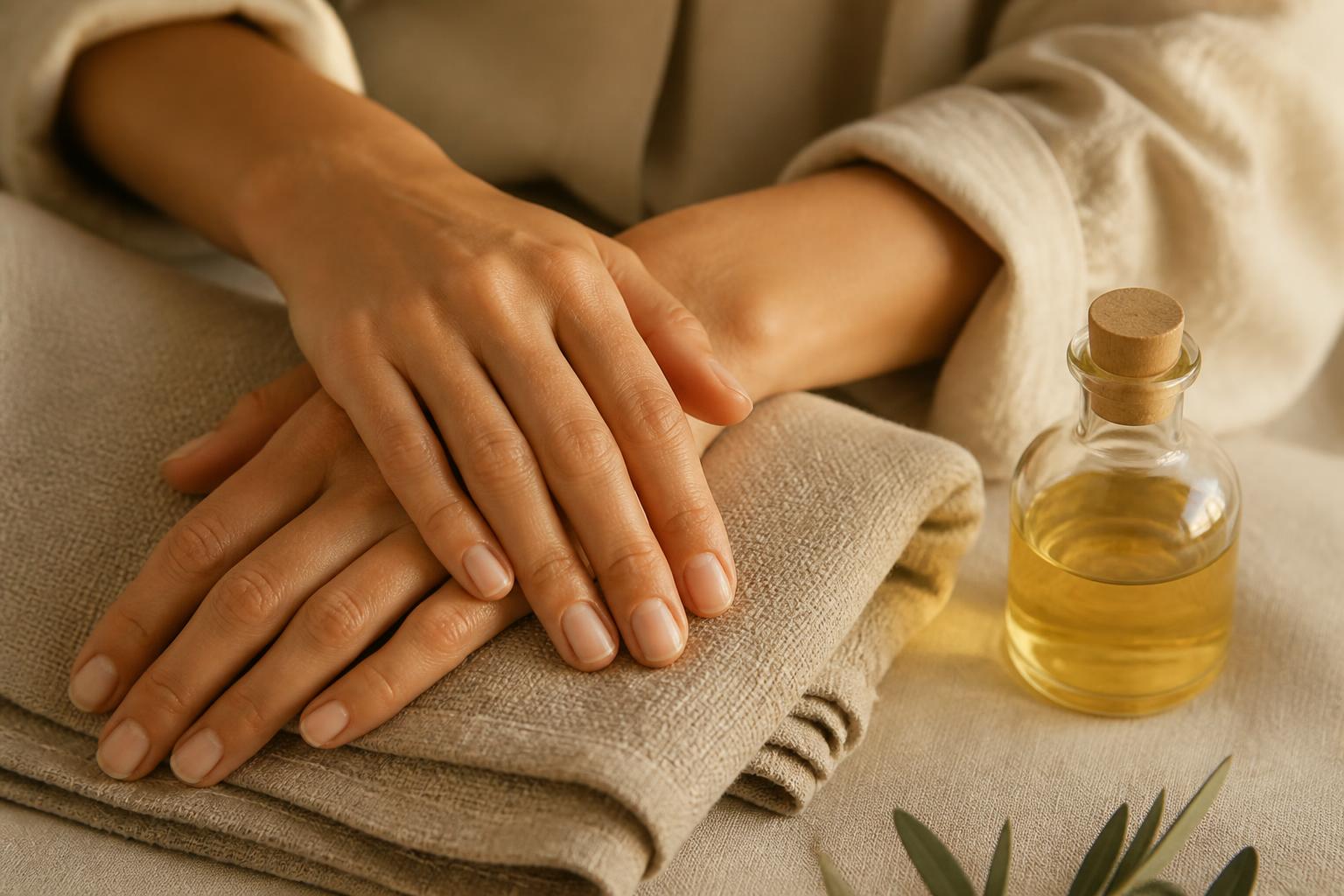 Rustige editorial foto van zachte handen op warm linnen met een flesje massageolie — sfeerbeeld bij holistische massage.